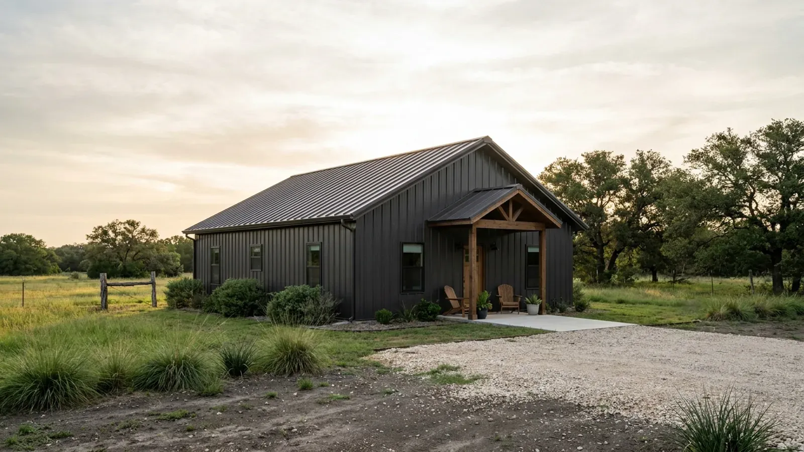 A compact 30x40 barndominium sized like a starter home or cabin, with a covered entry porch and no large shop bay.