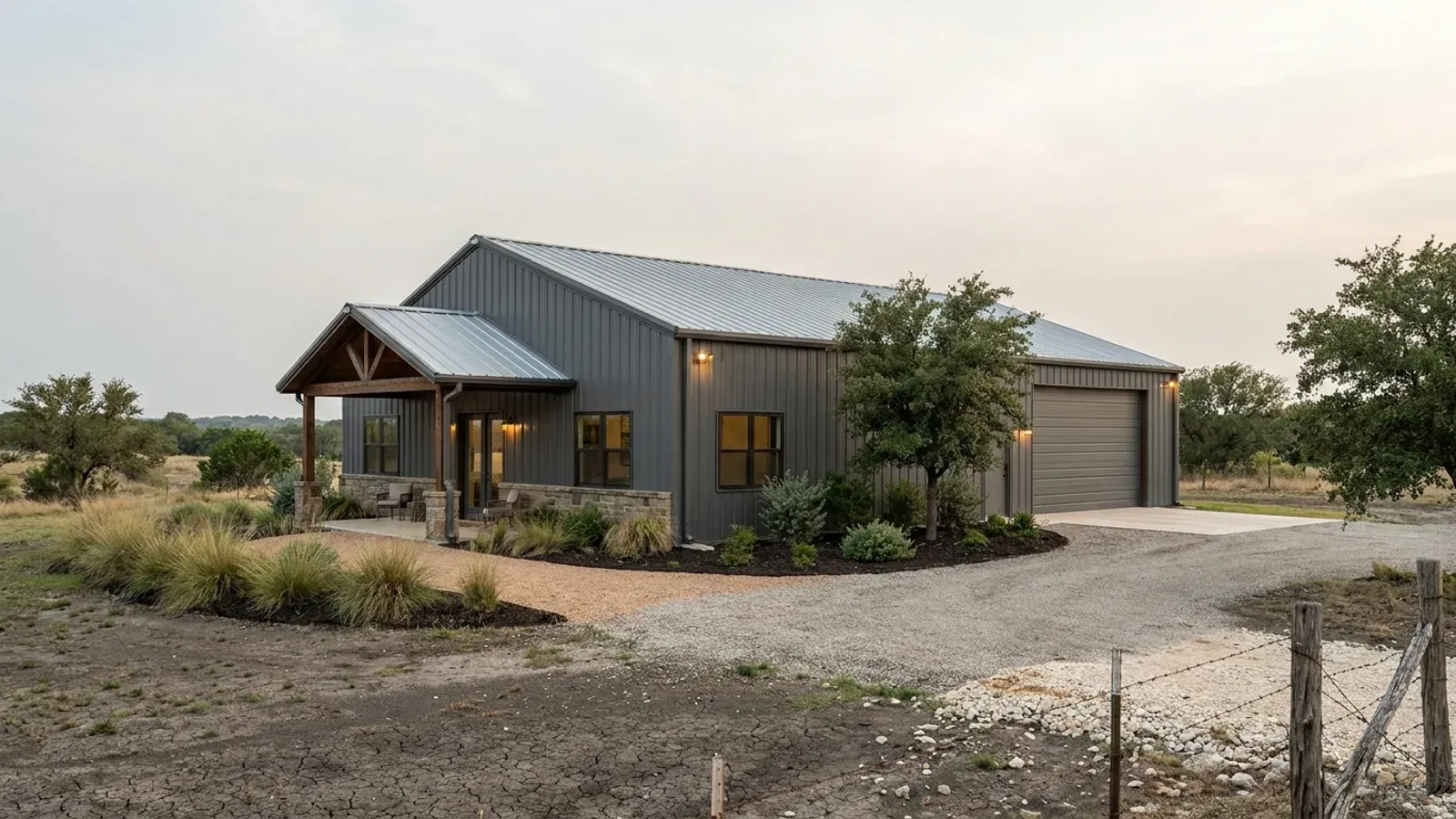 A completed 40x60 barndominium showing a residential entry on one end and a wide shop door on the other under one continuous roof.
