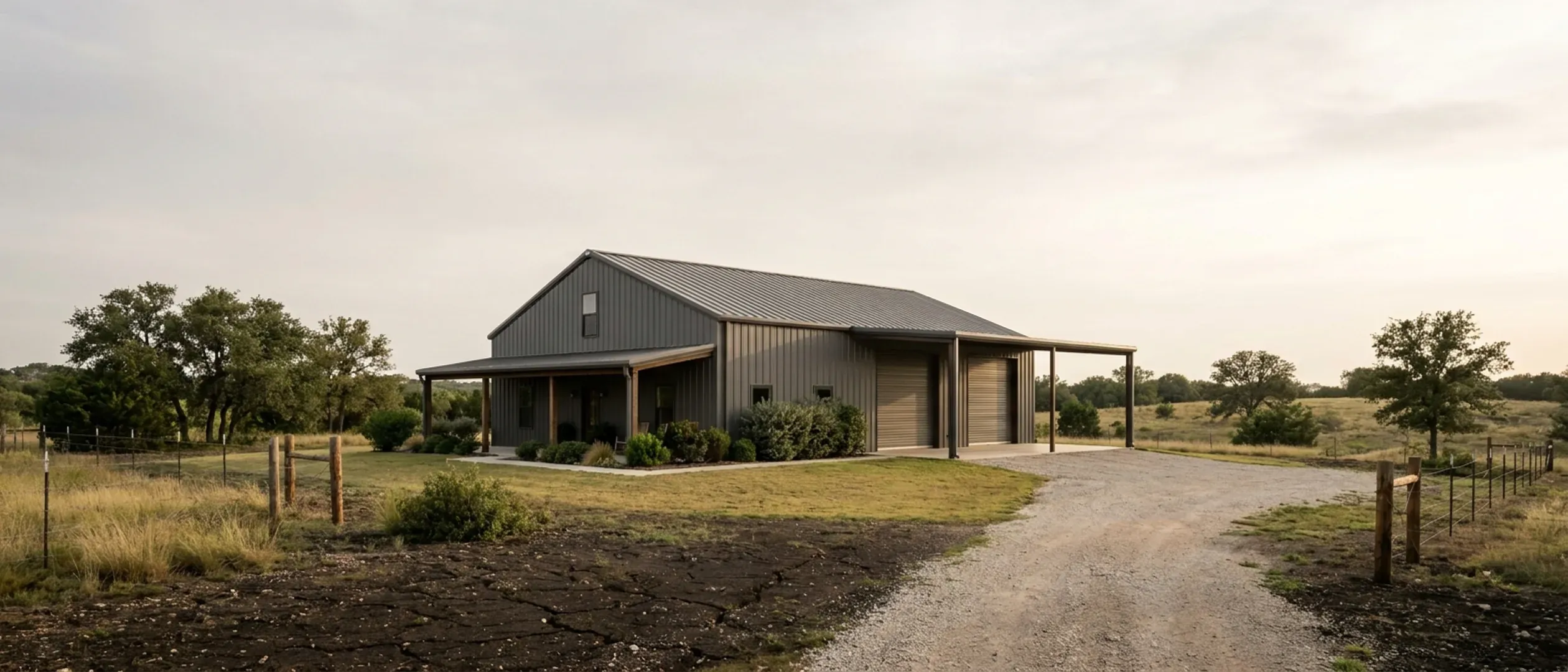 A completed barndominium with a covered entry porch and an attached shop bay, photographed in flat overcast daylight.