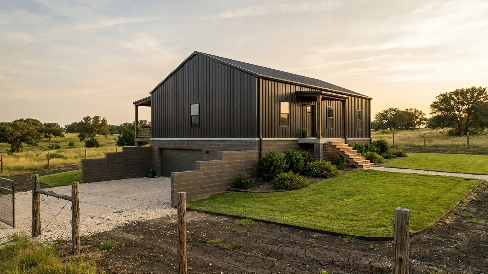 A barndominium raised on a stem-wall foundation with steps up to the entry and enclosed storage space beneath the elevated floor.