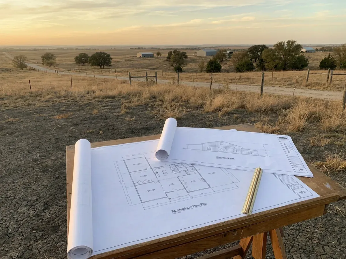 Barndominium floor plan and elevation drawings laid out on a drafting table with a scale rule.