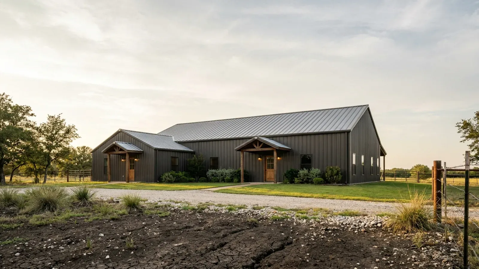 A barndominium with a smaller attached in-law suite wing that has its own separate covered entry, distinct from the main entry.