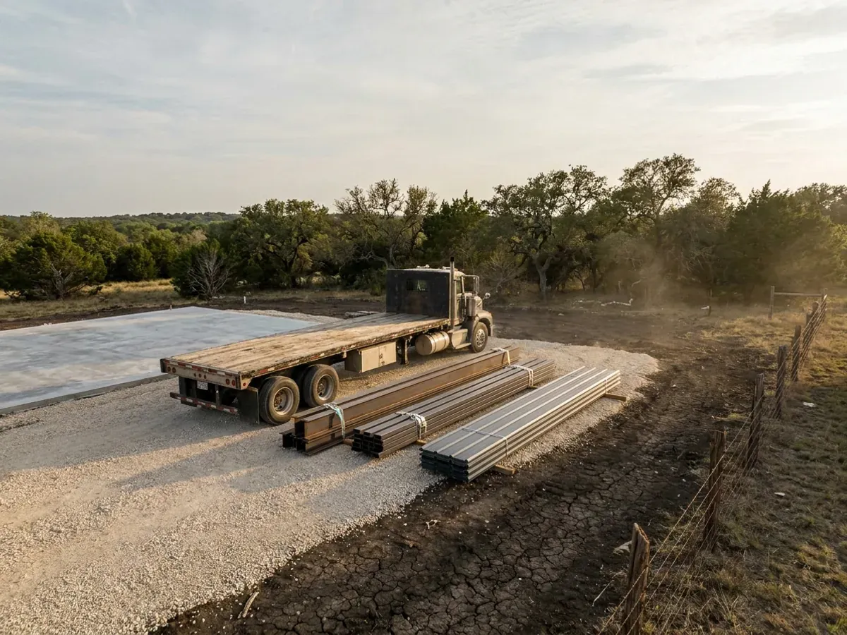 A flatbed truck delivering banded steel frame members and stacked metal roof panels to a building site beside a finished concrete slab.