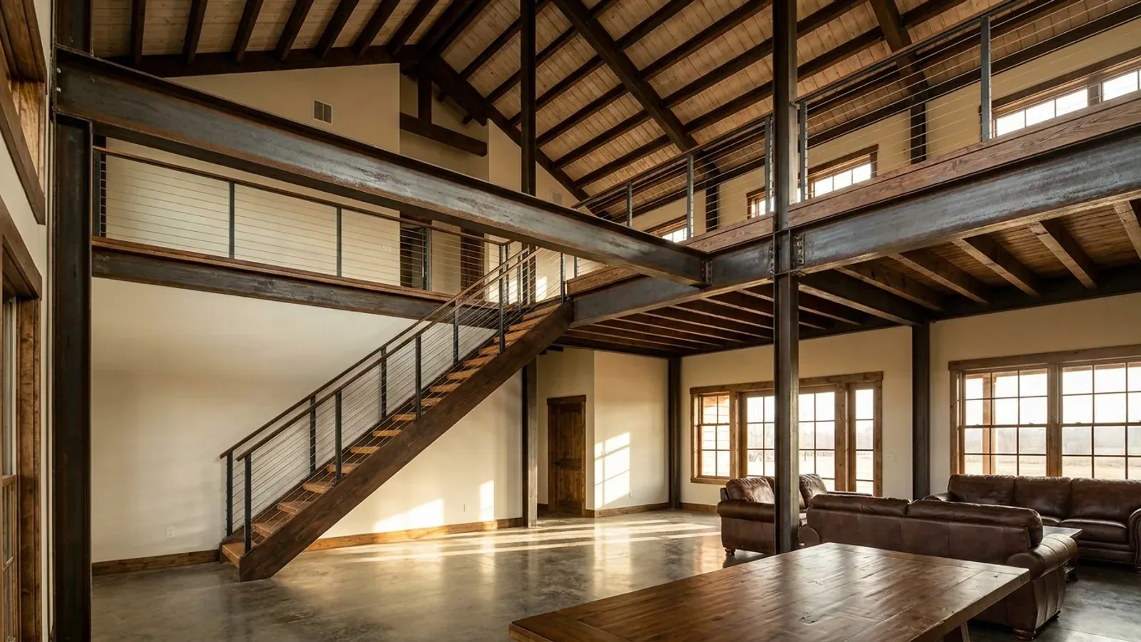 A barndominium great room with an open loft level and railing built over part of the room, reached by an open staircase.