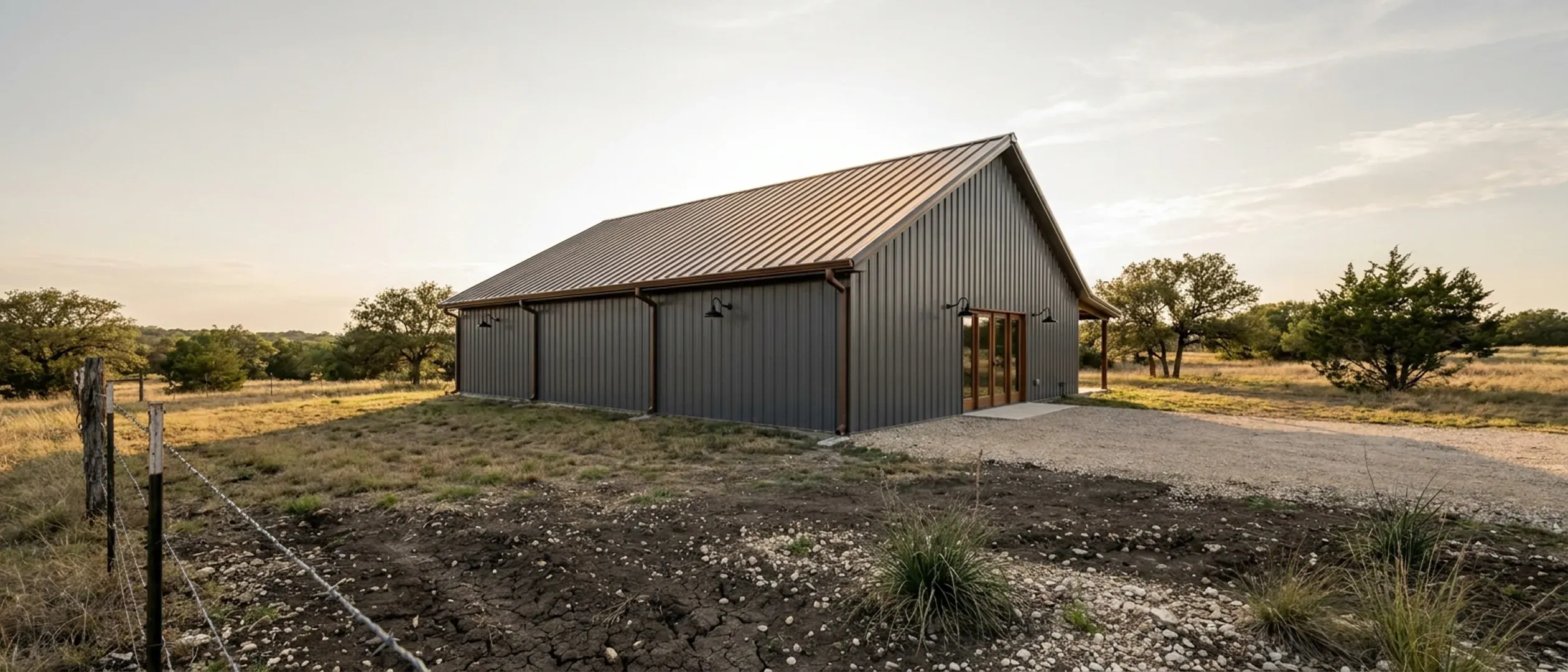 A completed barndominium viewed from a low angle showing its standing seam metal roof, vertical wall panels, gutters and exterior wall lights.