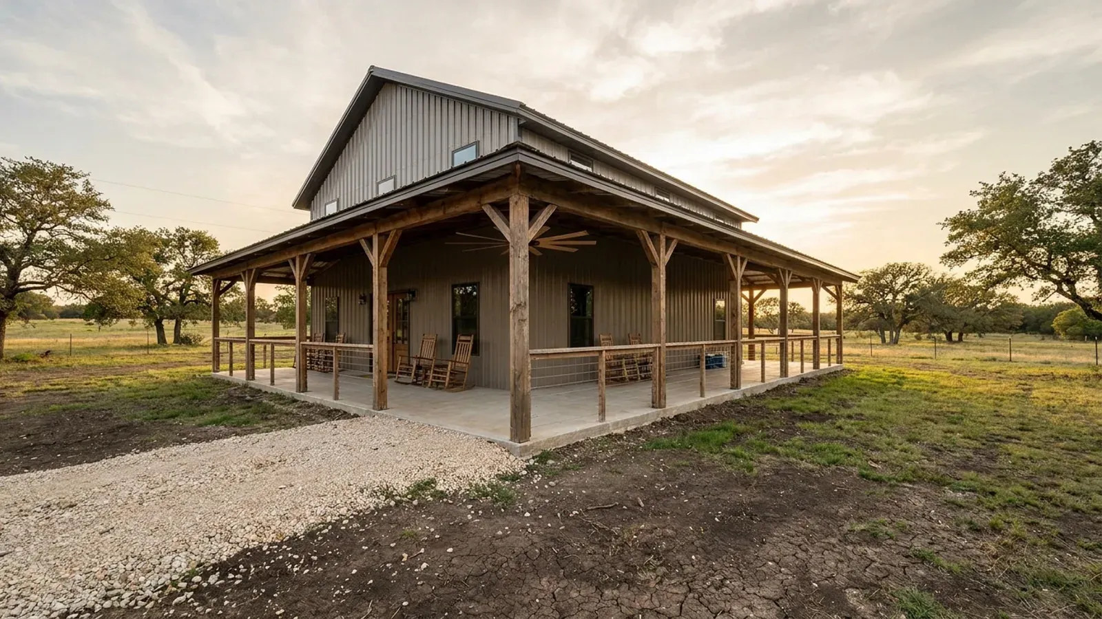 A barndominium exterior showing a deep wrap-around covered porch with posts and railing along two sides of the building.
