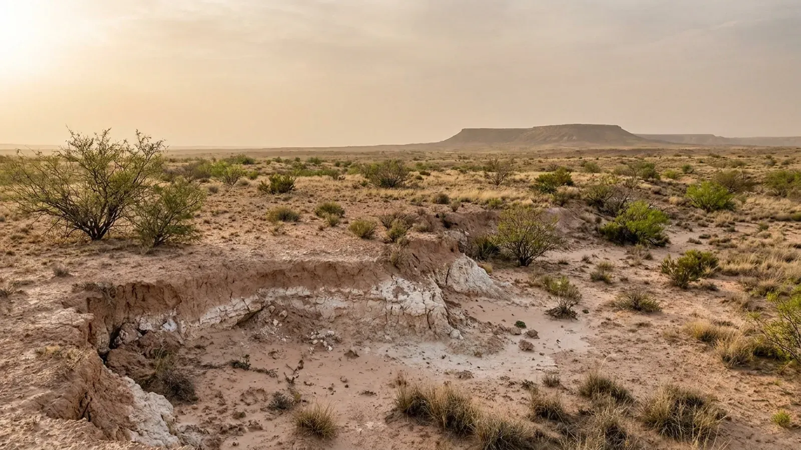 Open semi-arid West Texas rangeland with sparse mesquite and a hard white caliche layer breaking through a shallow cut bank.