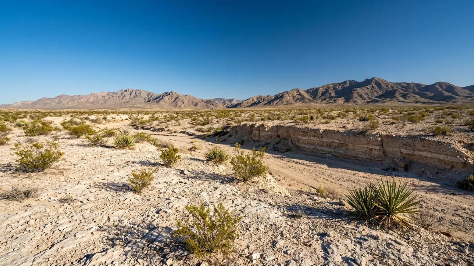 The arid Chihuahuan Desert basin near El Paso, with creosote, a dry arroyo exposing caliche, and bare mountains behind.
