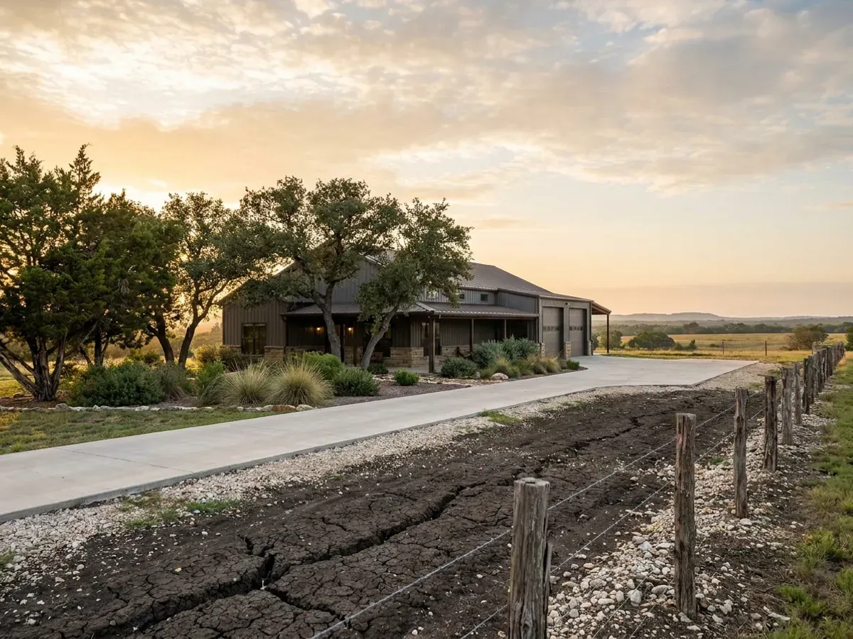 A completed barndominium home viewed from the front corner, with finished landscaping, a covered entry porch and an attached shop bay.