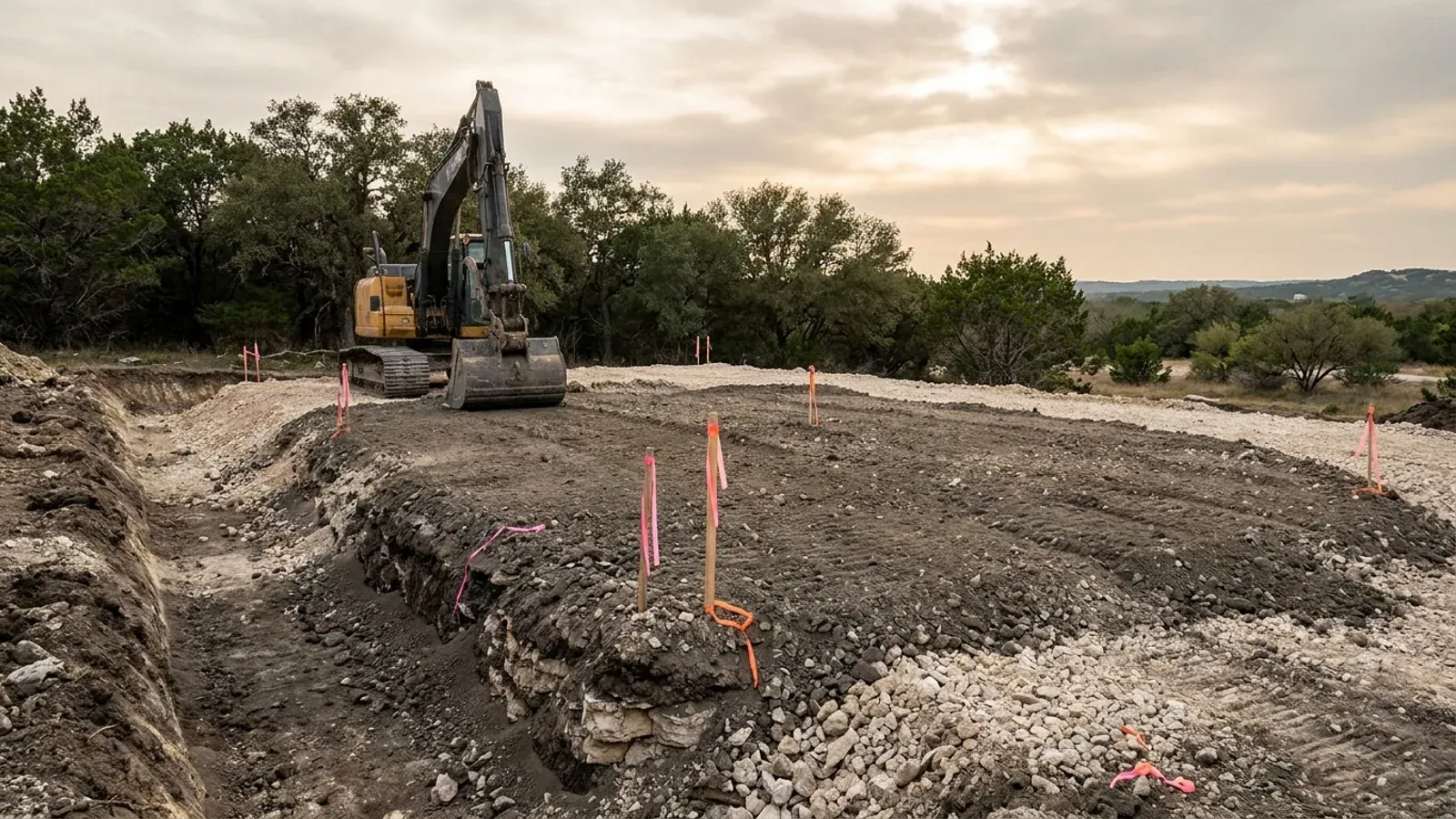 An excavator grading a compacted building pad on a cleared lot, with survey stakes and a drainage swale visible.
