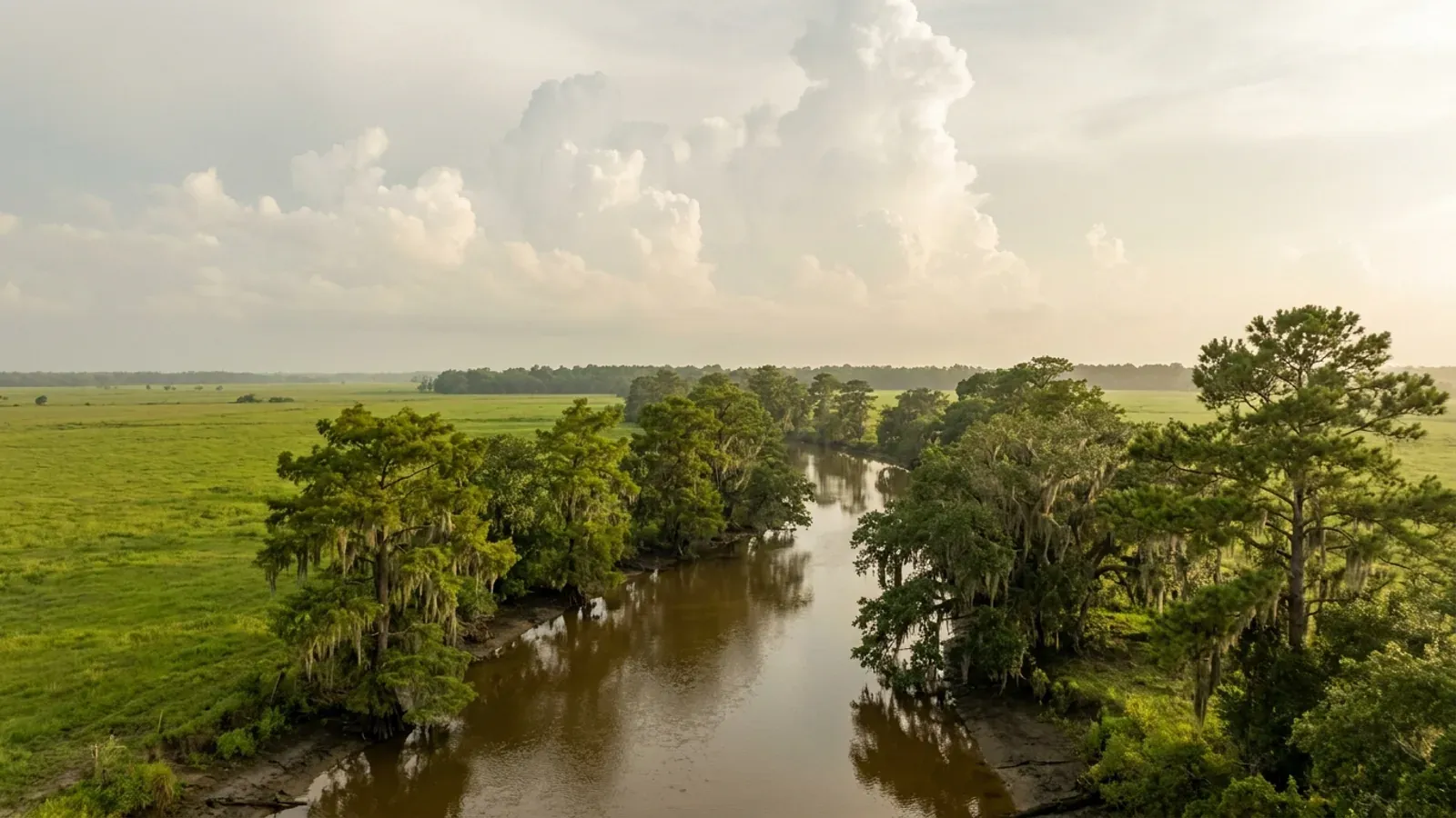 Flat green Gulf Coastal Plain near Houston with a slow bayou, live oaks draped in Spanish moss, and cumulus building overhead.