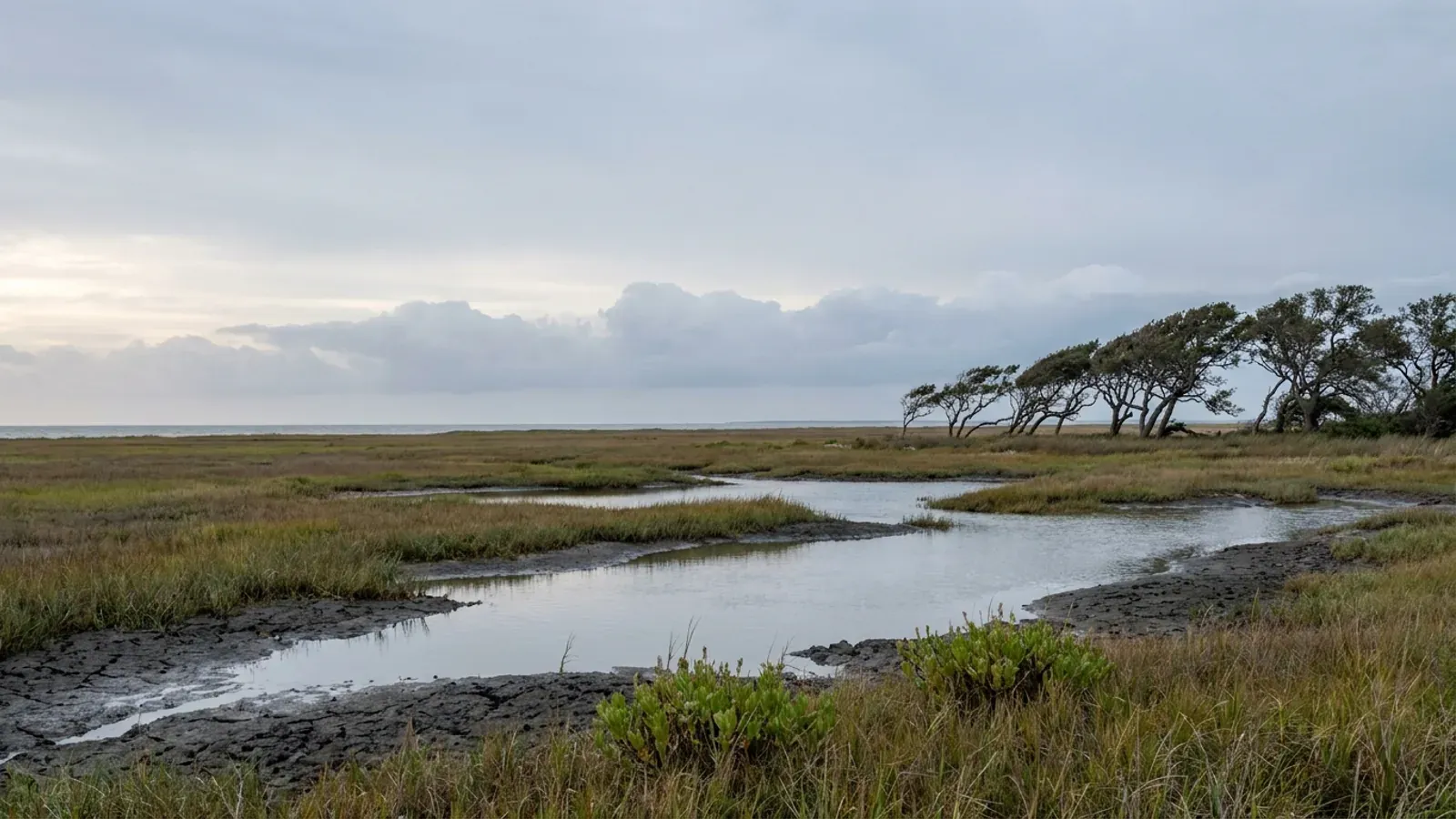 Flat Texas Gulf coastal prairie with brackish sloughs, cordgrass, and wind-shaped live oaks leaning inland.