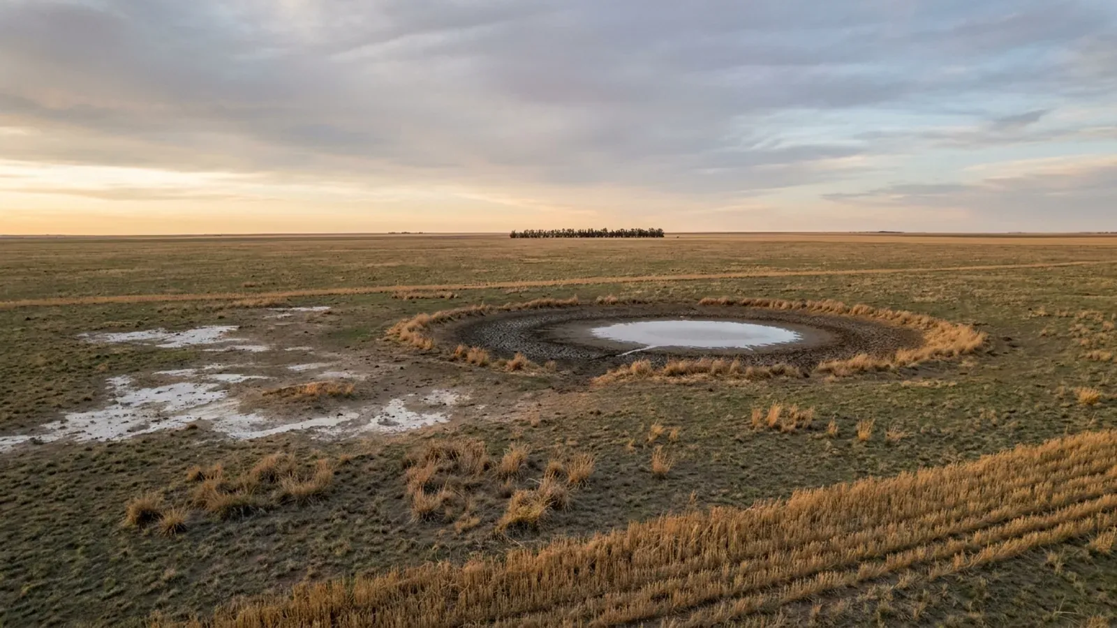The flat short-grass High Plains of the Texas Panhandle, with a shallow playa basin holding water and pale caliche showing on a low rise.