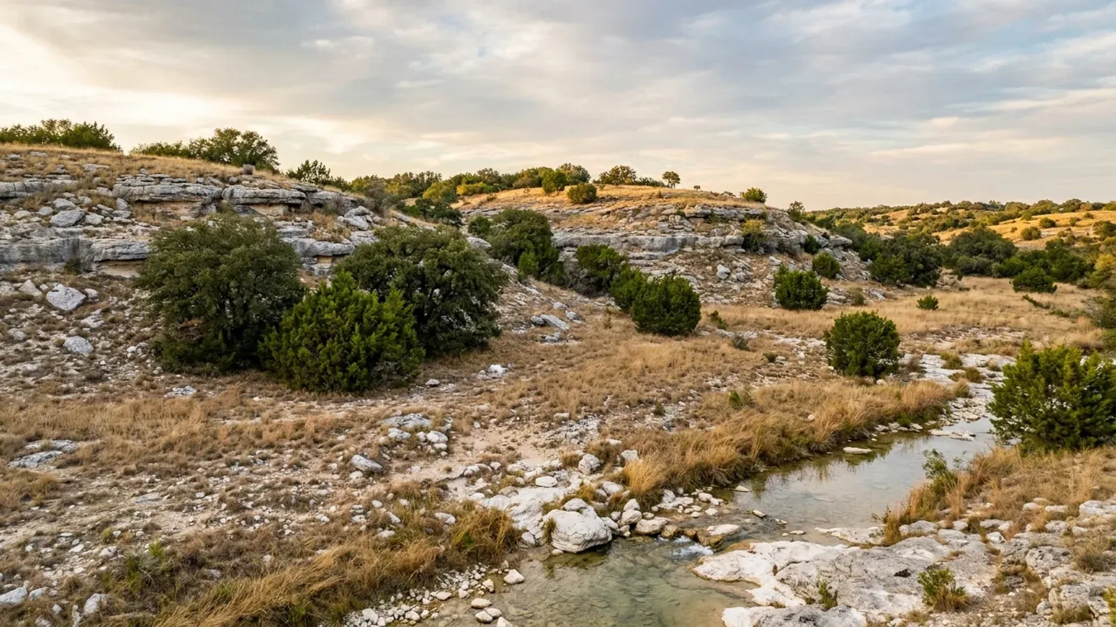 Rolling Texas Hill Country limestone hills with live oak motts, Ashe juniper, and a clear creek over white limestone cobble.