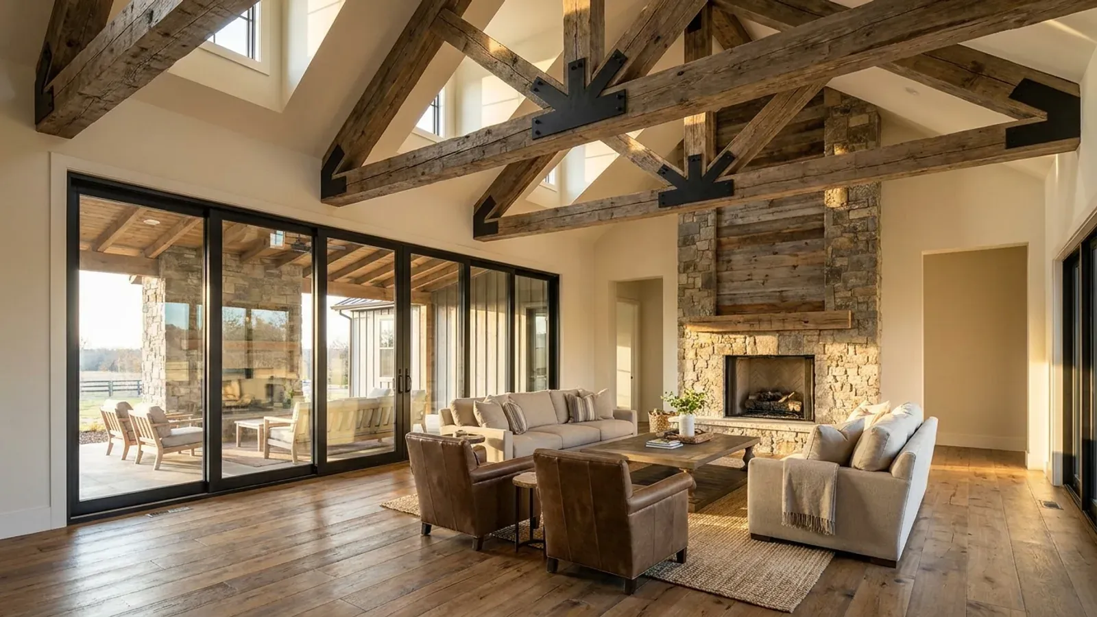 A vaulted barndominium great room with exposed wood trusses, a wall of glazed sliding doors, and a stone-clad fireplace.