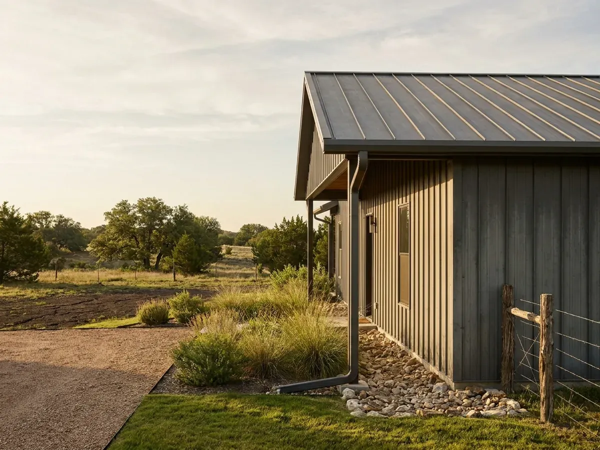 Exterior detail of a metal-clad home showing standing seam roofing, vertical wall panels, and a downspout discharging away from the wall.