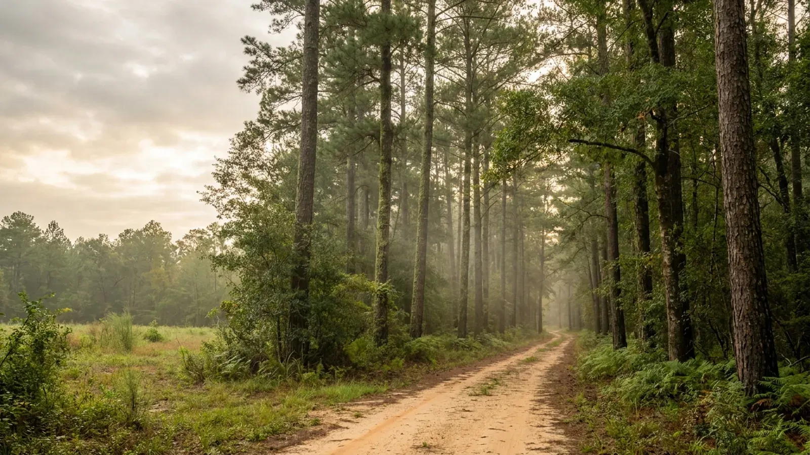 Tall pines in the East Texas Piney Woods with a sandy track cutting through green understorey.