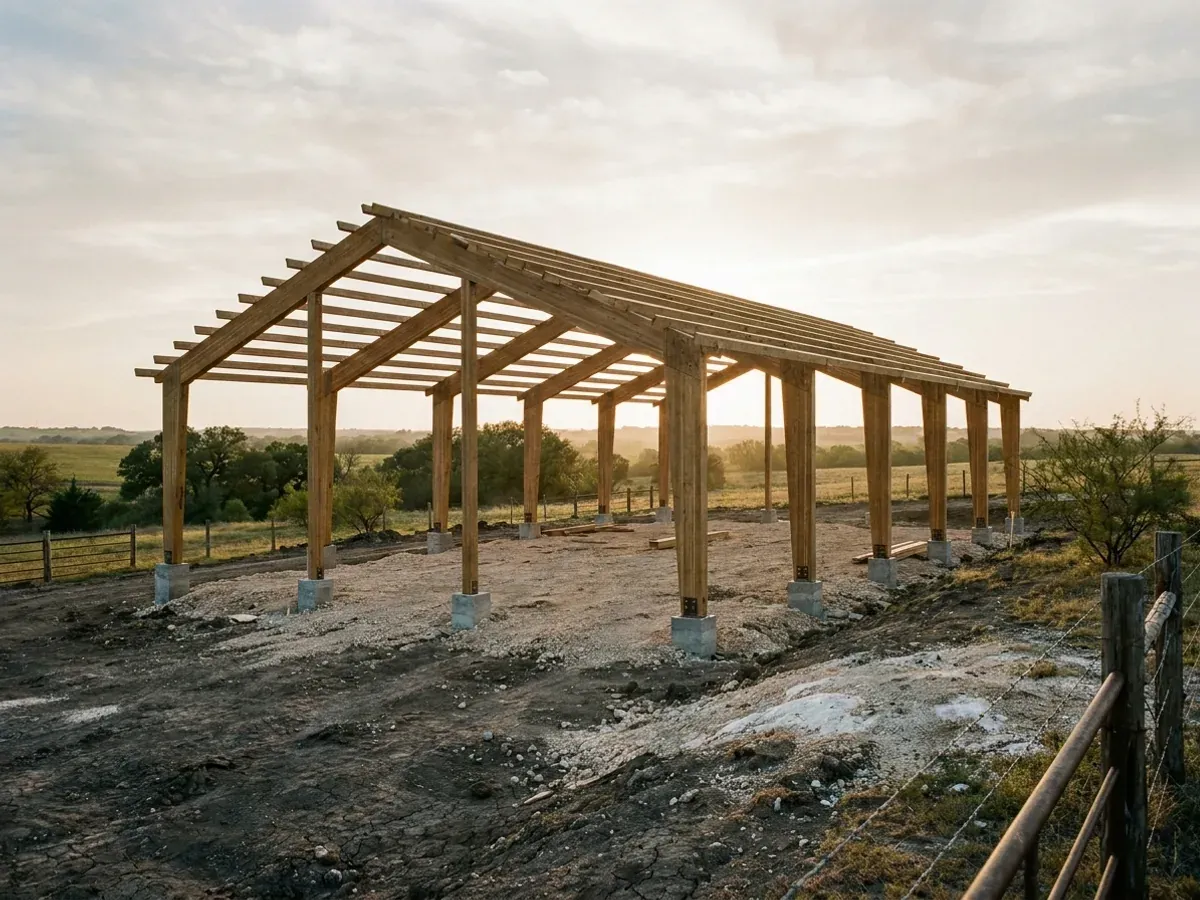 A post-frame home under construction, showing laminated timber columns on concrete piers and wide-span roof trusses with no interior bearing walls.