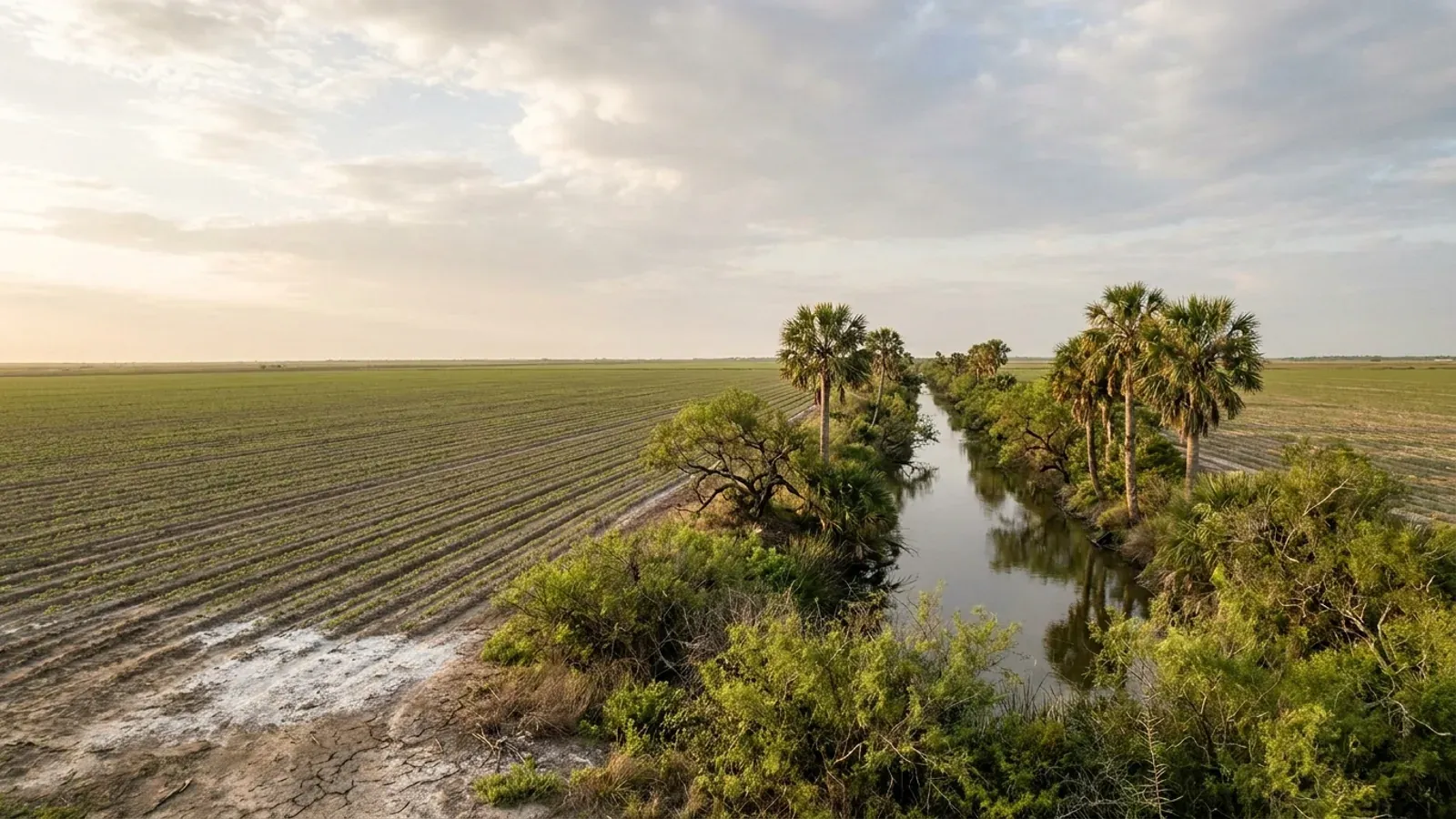 Flat irrigated farmland of the Lower Rio Grande Valley with sabal palms along a resaca and pale salt crust on bare ground.