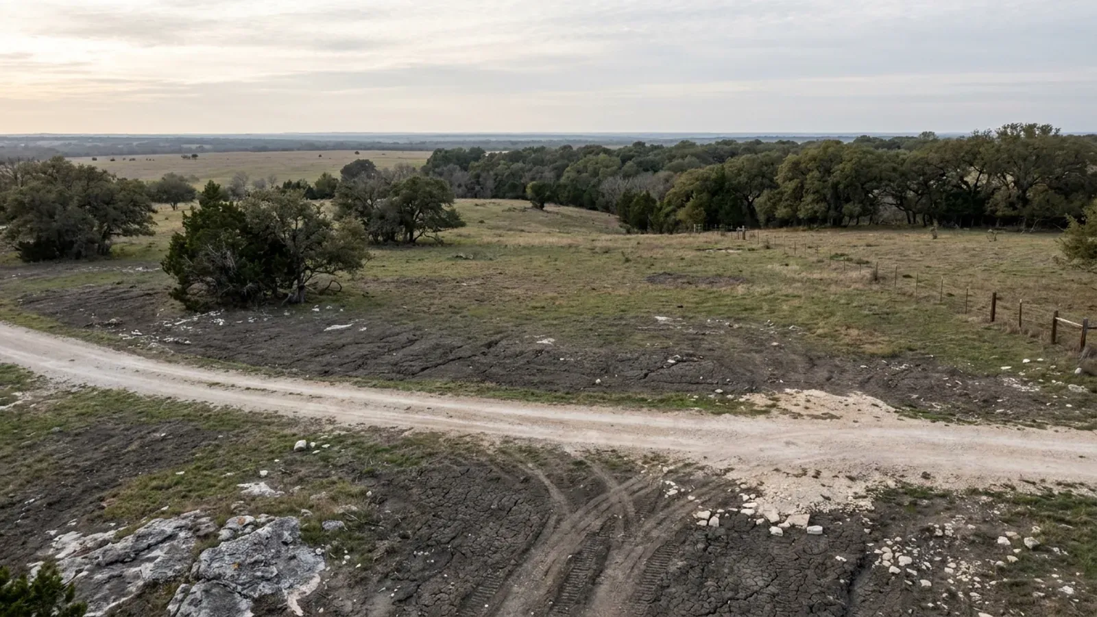 Aerial view of an undeveloped rural lot with cleared grass, a live oak and cedar elm treeline, and a pale gravel access track.