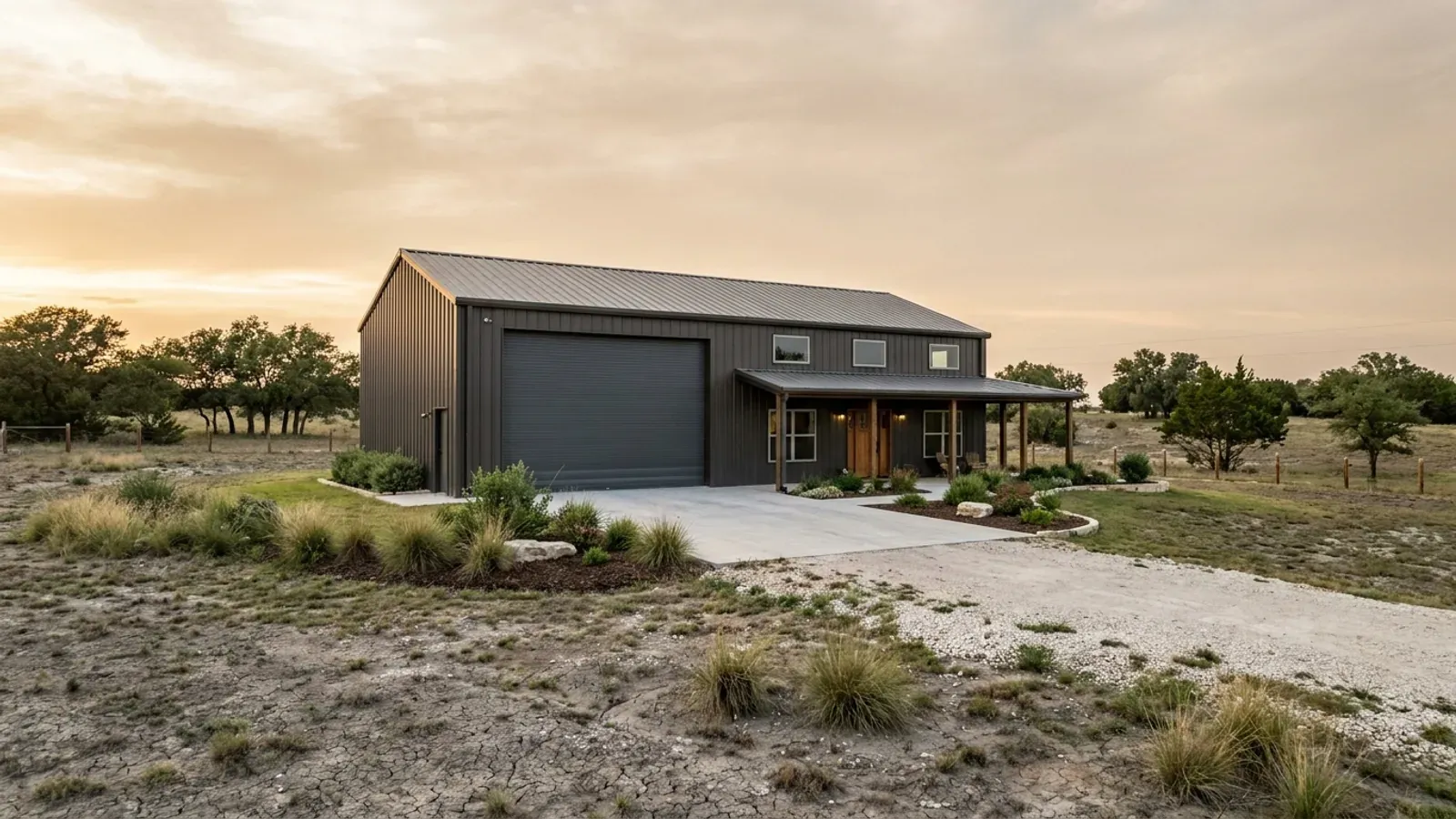 A barndominium with a tall, deep RV garage bay attached to the residence under one continuous roof.