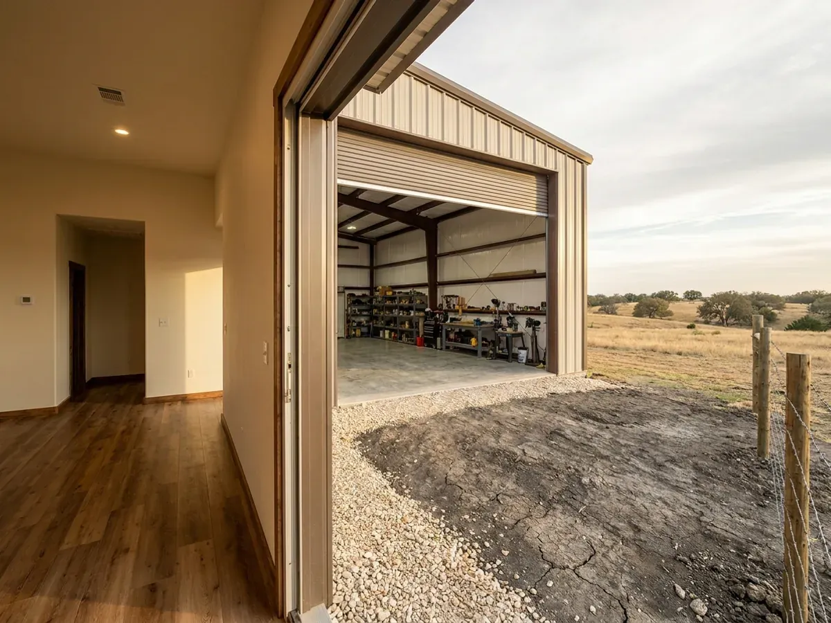 The interior of a shouse where a finished living area with warm flooring meets a shop bay with polished concrete and a tall roll-up door.