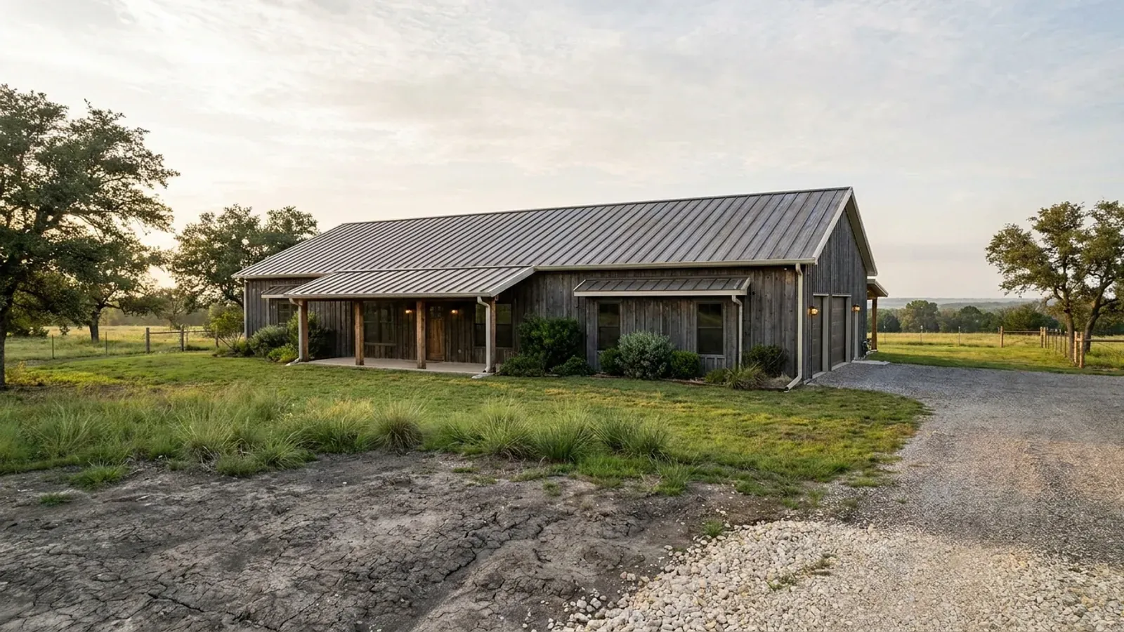 A completed single-story barndominium with a long, low roofline and no upper-level windows.