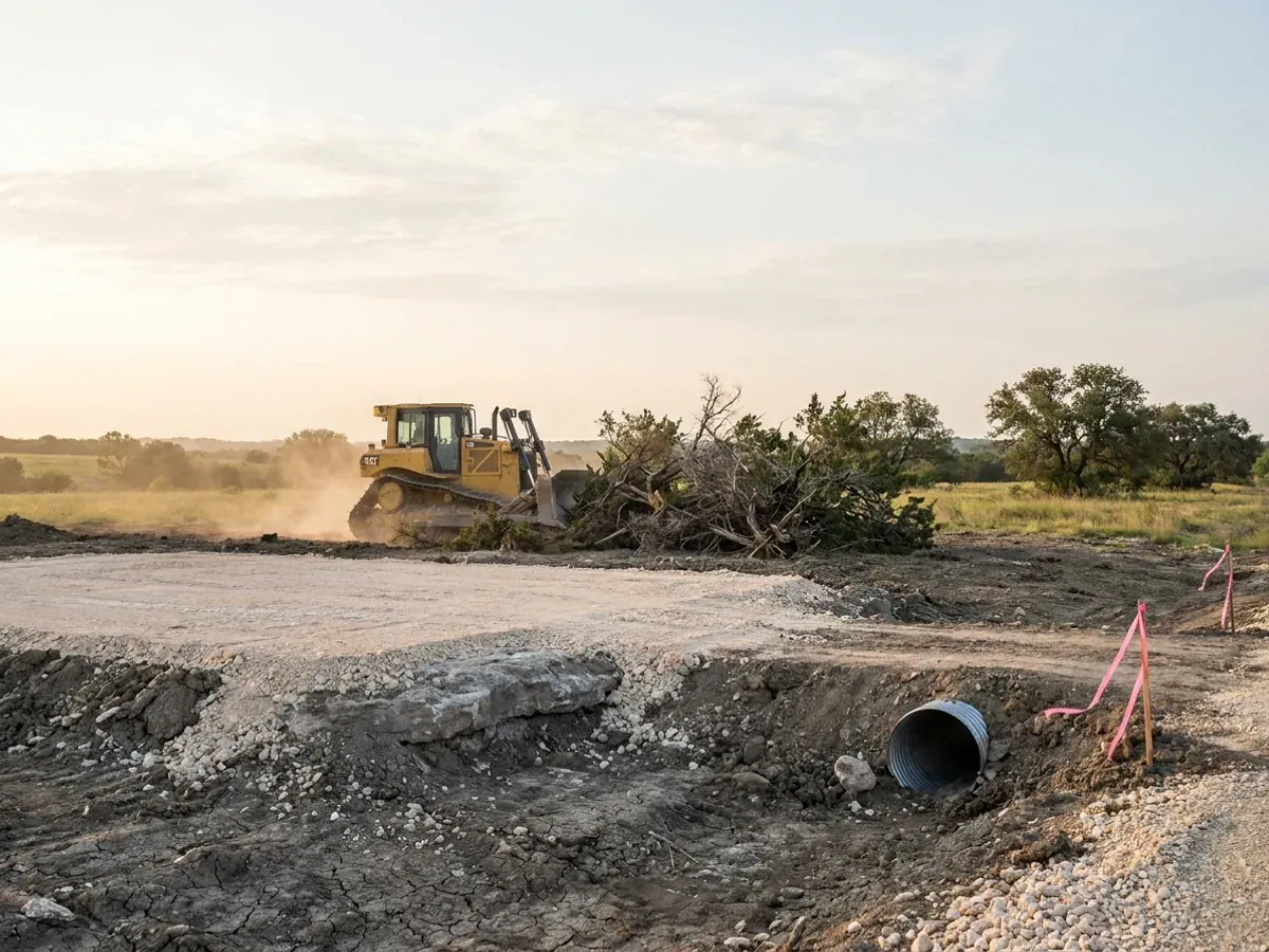 A dozer clearing brush on a rural parcel beside a compacted crushed-stone building pad, with a culvert set at the driveway entrance.