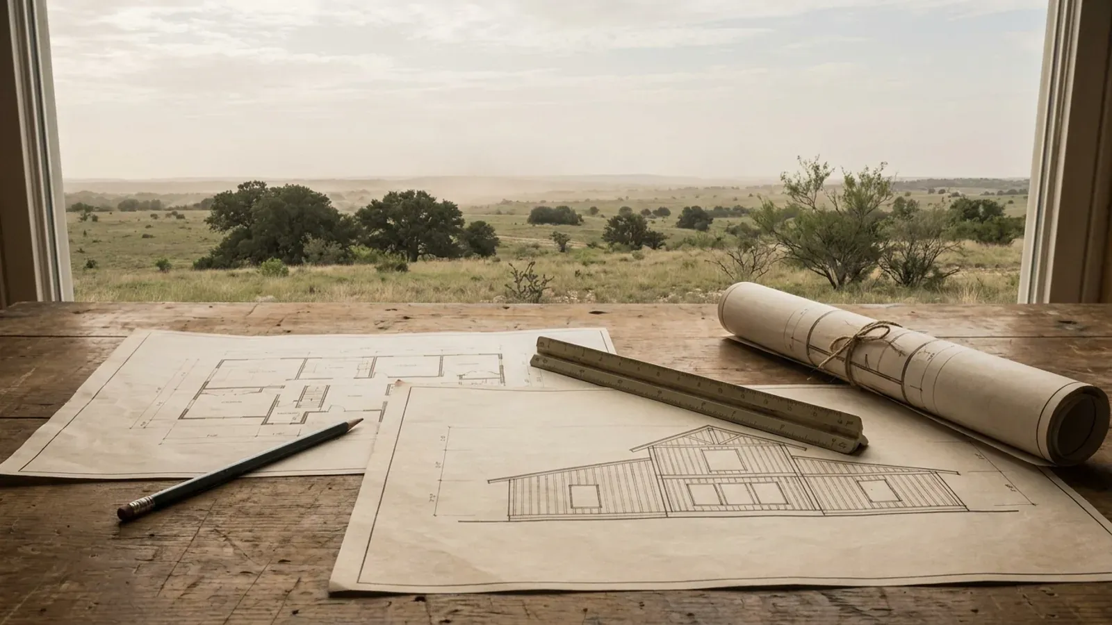 Overhead view of architectural floor plan and structural elevation drawings spread on a workbench with a scale ruler and pencil.