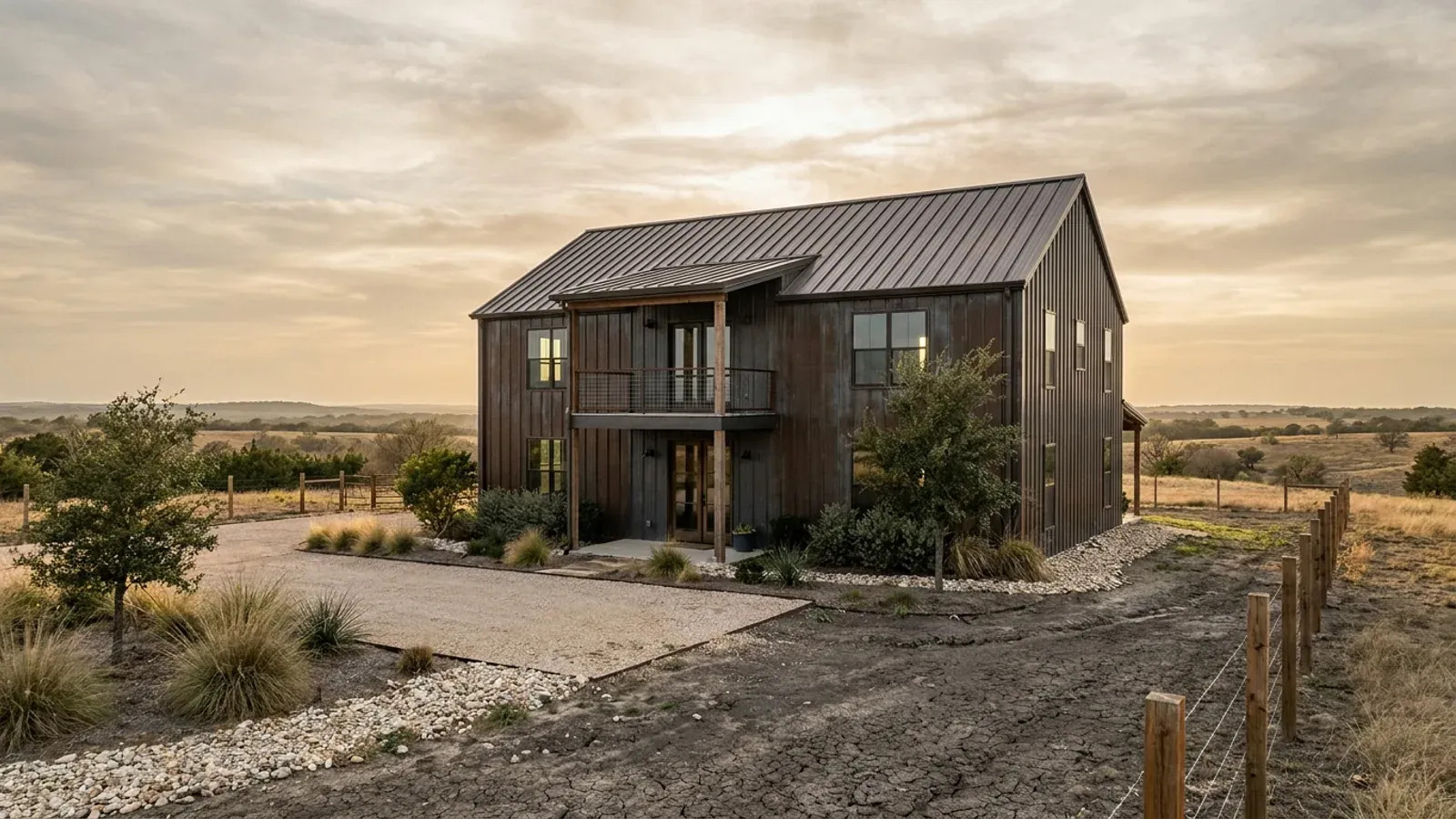 A completed two-story barndominium with visible second-story windows and a small covered balcony above the entry porch.
